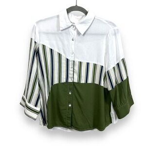 BESS Womens Top XL White Green Linen Blend 3/4 Sleeve Boxy Fit Button Down